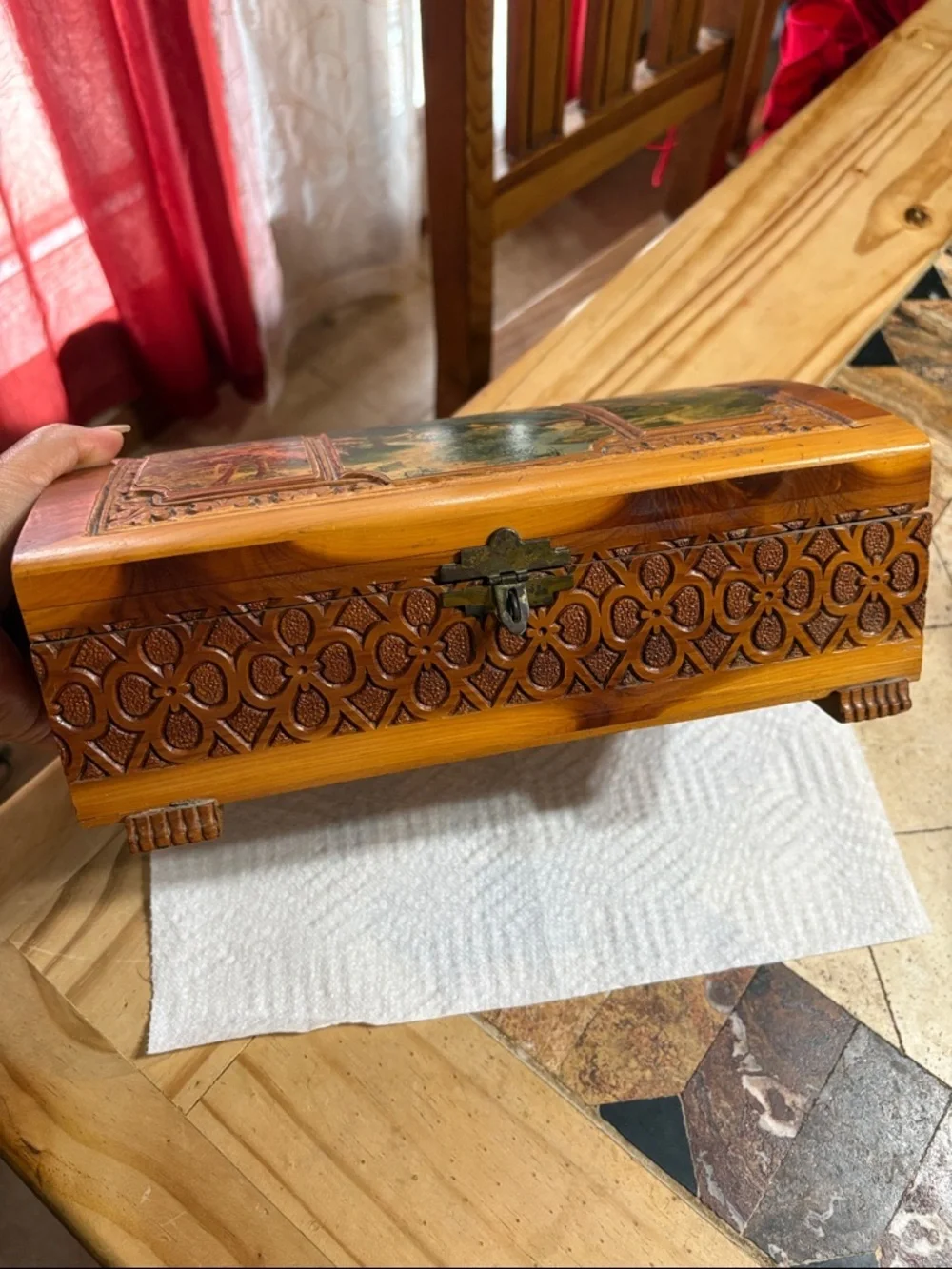 Vintage Hand-Carved Wooden Jewelry Box with Scenic Inlay - Brown & Green